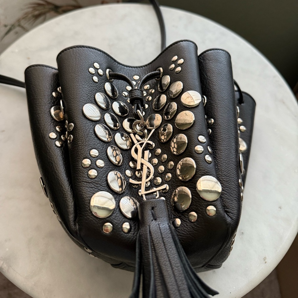 SOLD Saint Laurent YSL Black Leather Studded Bucket Bag Silver Hardware Auth